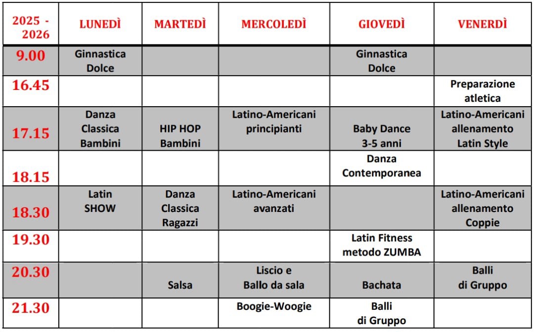 Orari corsi di danza 2025-2026 Castel San Pietro Terme Osteria Grande
